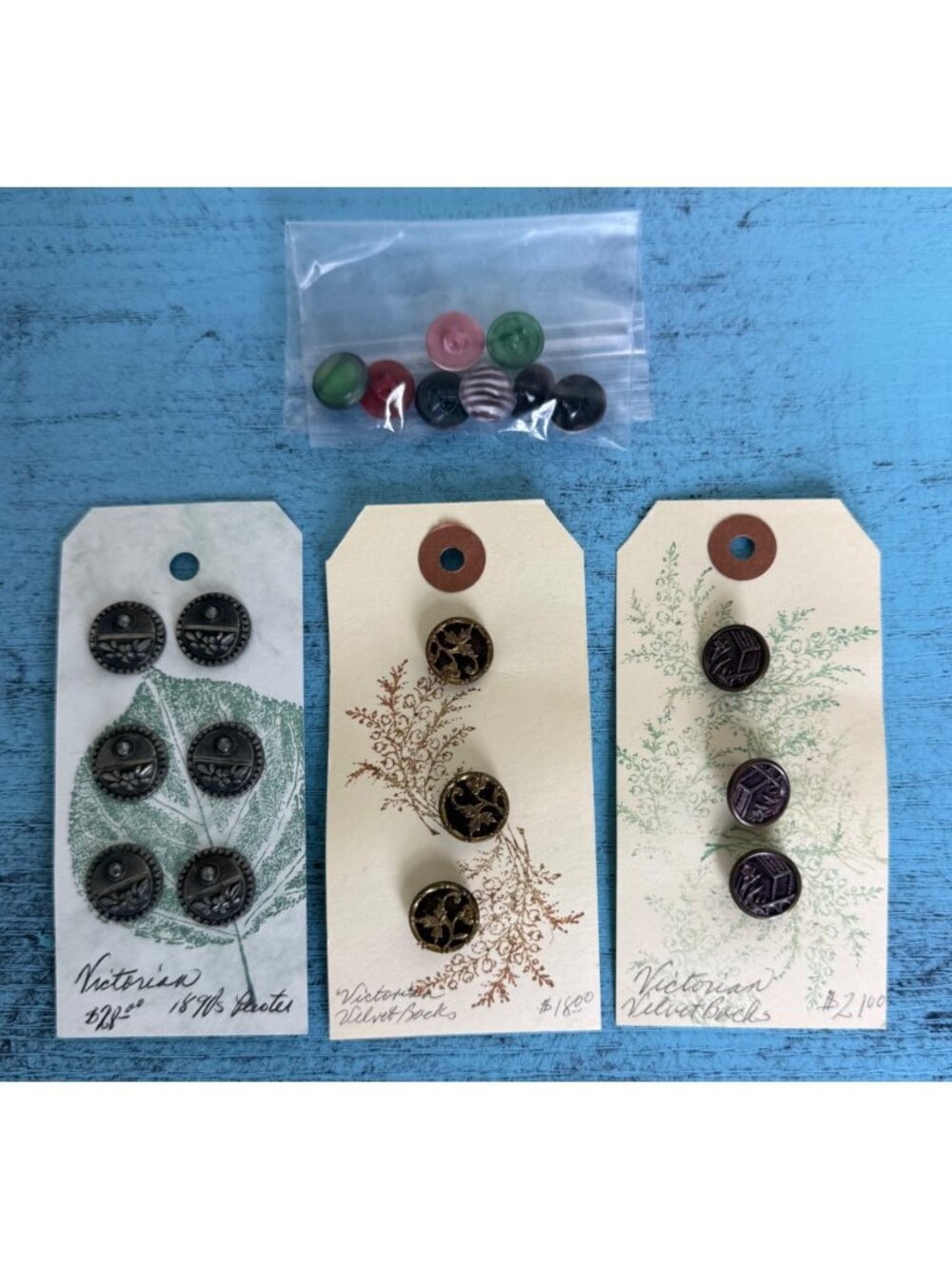 Victorian Antique Buttons Embossed Raised Set - 1890s Floral & Velvet Backed